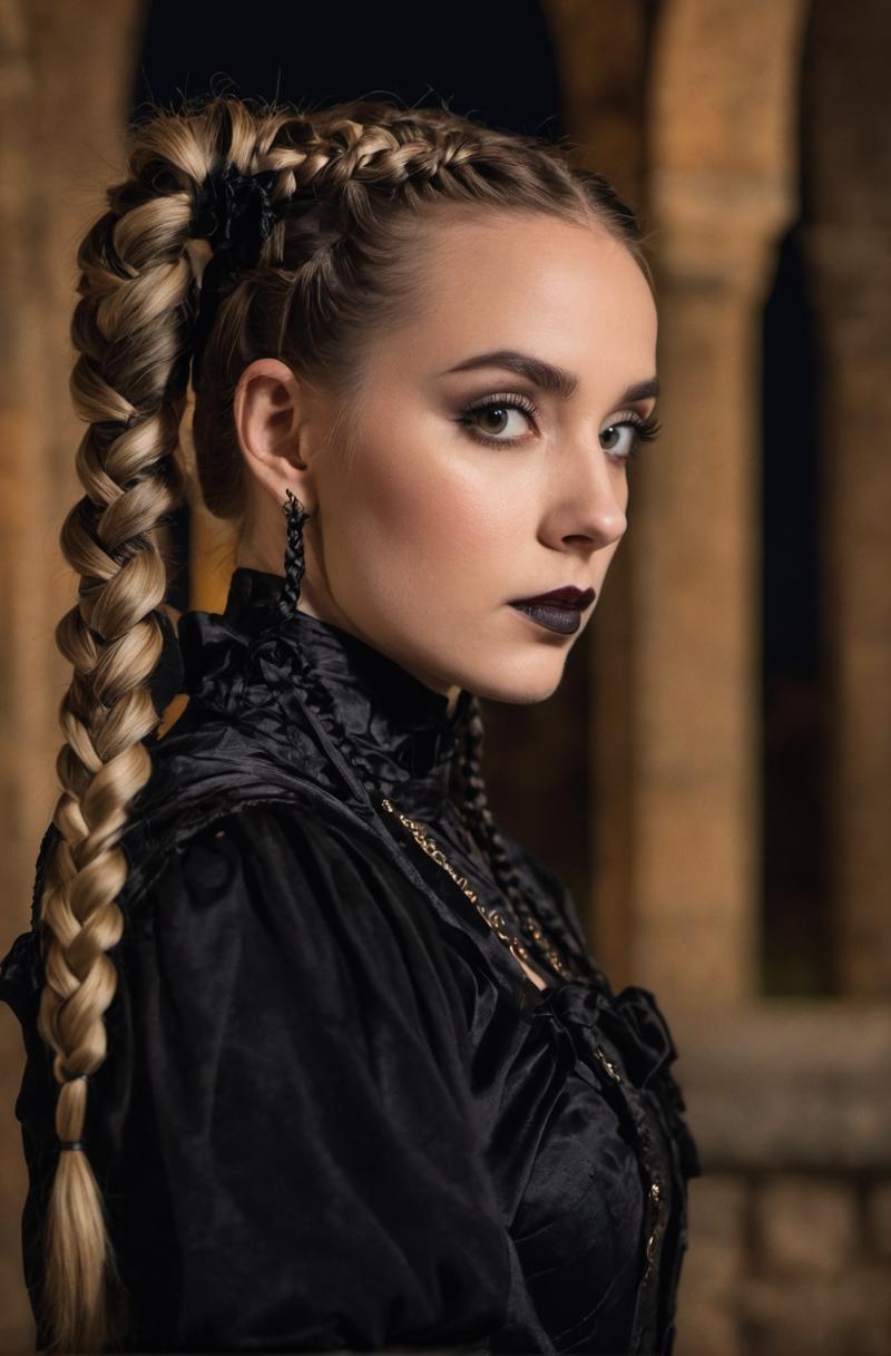 00275-closeup of woman wearing gothic clothes, braided pigtails, in a castle, sharp focus, looking at the night time, Mystical atmosph.png